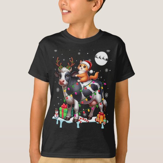 サンタ猫トナカイ牛クリスマスライトコール Tシャツ (正面)