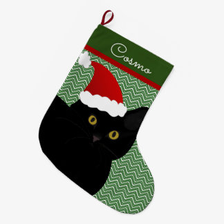 サンタ猫ブラック(黄色い目パーソナライズされた) ラージクリスマスストッキング