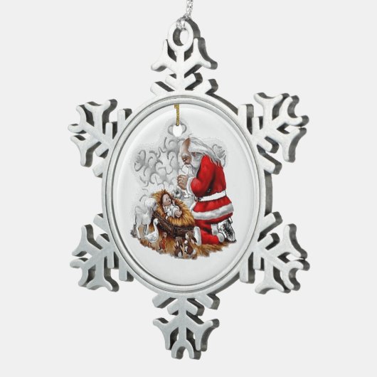 サンタ祈りの言葉オーバーベビーイエス スノーフレークピューターオーナメント (右)