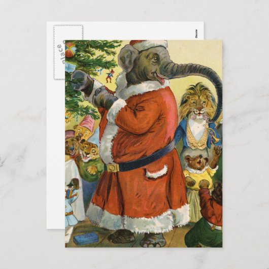 サンタ祝ゾウのクリスマス シーズンポストカード (正面/裏面)