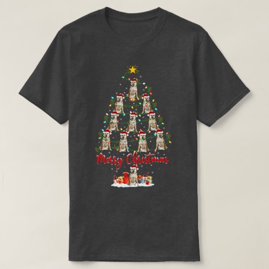 サンタ秋田クリスマスツリーにマッチする秋田犬の恋人 Tシャツ (デザイン正面)