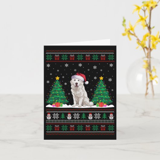 サンタ素晴らしハピレネー犬クリスマスツリーが醜く点灯 カード (黄色い花)