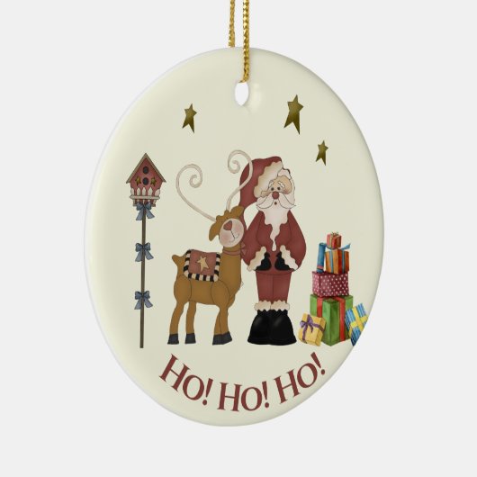 サンタ素朴トナカイのシーン – ホリデーギフト セラミックオーナメント (右)