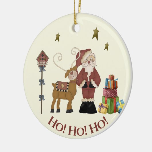 サンタ素朴トナカイのシーン – ホリデーギフト セラミックオーナメント (左)
