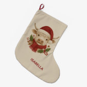 サンタ素朴ハット付き刺しゅうハイランド牛 ラージクリスマスストッキング (正面 (吊り時))