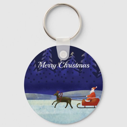 サンタ絵を描とトナカイの青いクリスマスナイト キーホルダー (正面)