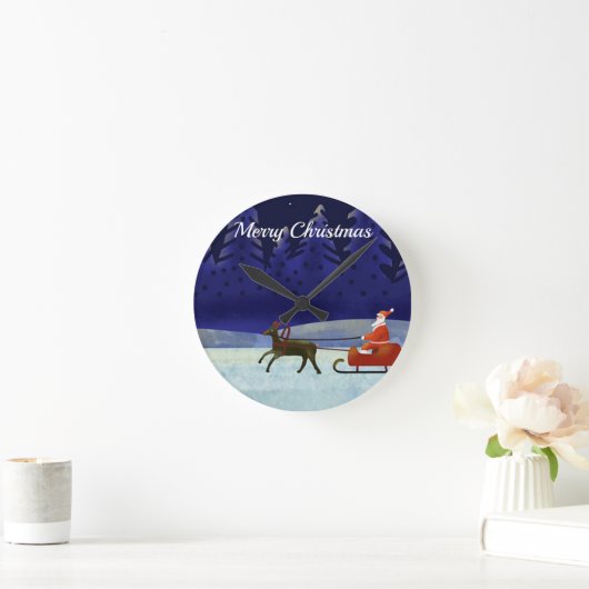 サンタ絵を描とトナカイの青いクリスマスナイト ラウンド壁時計 (ホーム)