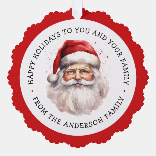 サンタ絵画ウォーターの色と写真の幸せな休日 オーナメントカード (正面)