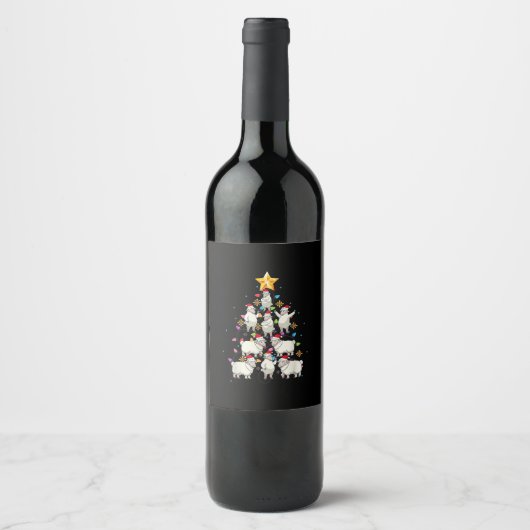 サンタ羊クリスマスツリー灯おもしろい羊の贈り物 ワインラベル (正面)