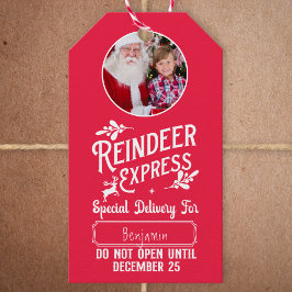 サンタ表現からトナカイ/写真クリスマスレッド ギフトタグ