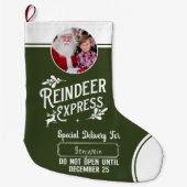 サンタ表現ン名写真グリーンのトナカイ ラージクリスマスストッキング (正面)