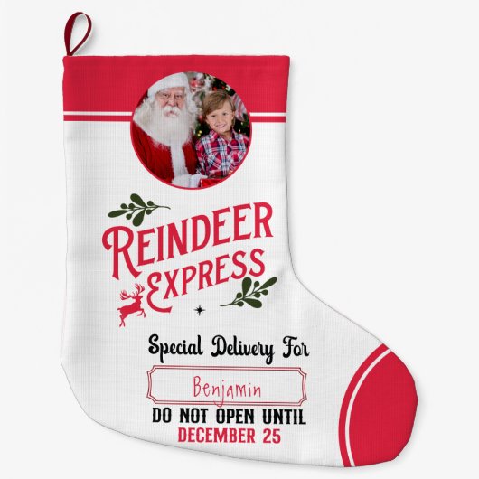 サンタ表現ン・ネームからのトナカイ ラージクリスマスストッキング (正面)