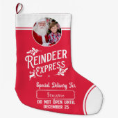 サンタ表現ーネームからのトナカイとフォトレッド ラージクリスマスストッキング (正面)