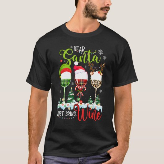 サンタ親愛がワインクリスマスワイングラスを持ってくる Tシャツ (正面)