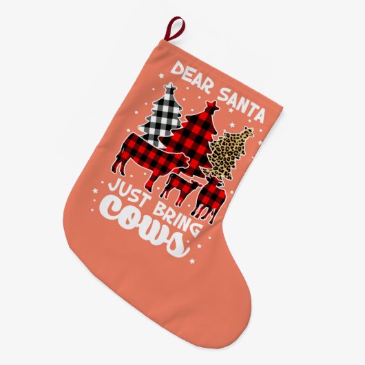 サンタ親愛は牛のクリスマスバッファローのプレイドを持ってくる ラージクリスマスストッキング (正面 (吊り時))