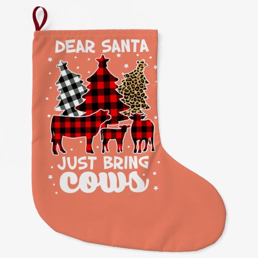 サンタ親愛は牛のクリスマスバッファローのプレイドを持ってくる ラージクリスマスストッキング (正面)