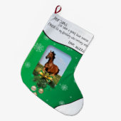 サンタ親愛グリーンあなたの馬の写真と名前を追加 ラージクリスマスストッキング (正面 (吊り時))