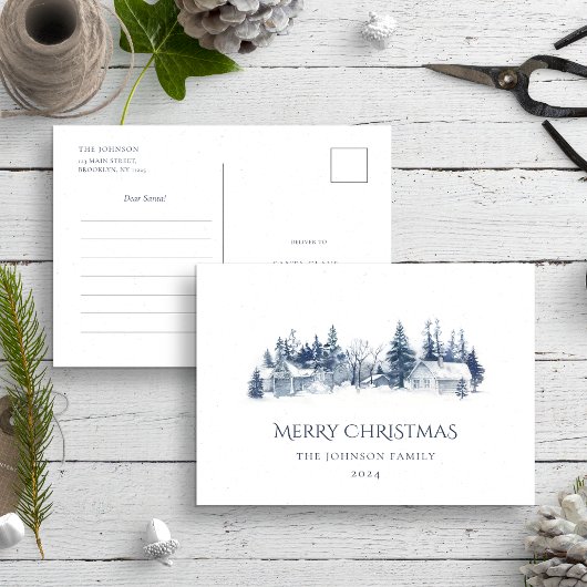 サンタ親愛レターブルークリスマスウィンタービレッジ ポストカード