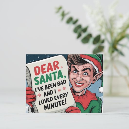 サンタ親愛、私は悪いクリスマス小妖精や小人おもしろいデザイン ポストカード (スタンド正面)