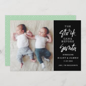 サンタ誕生のお知らせの前のコウノトリの写真カード シーズンカード (正面/裏面)