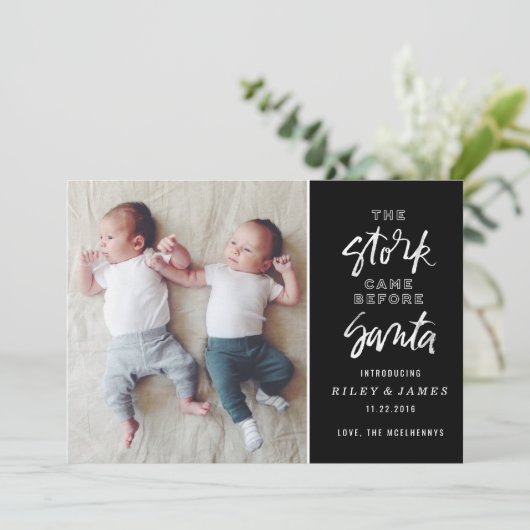 サンタ誕生のお知らせの前のコウノトリの写真カード シーズンカード (スタンド正面)