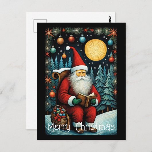 サンタ読ーの本の雪の夜クリスマスツリー ポストカード (正面/裏面)