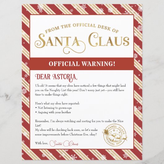 サンタ警告ーの手紙のクリパーソナライズされたスマス (正面)