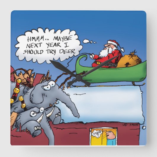 サンタ象のおもしろいな休日の漫画 スクエア壁時計 (正面)