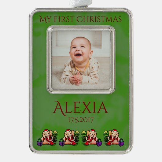 サンタ象のBabysのパーソナライズな初めてのクリスマス シルバープレートフレームオーナメント (正面)
