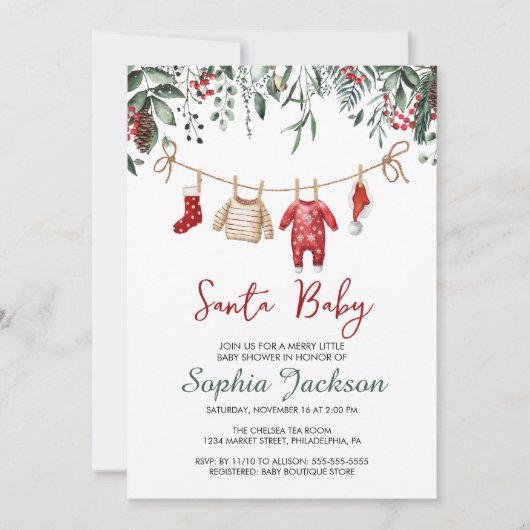 サンタ赤ちゃんシャワークリスマスベビー服の冬 招待状 (正面)
