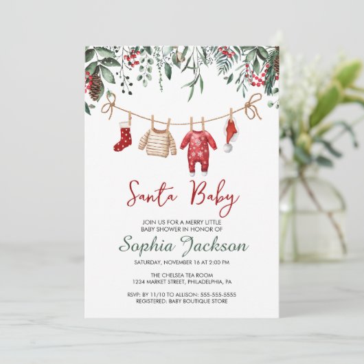 サンタ赤ちゃんシャワークリスマスベビー服の冬 招待状 (スタンド正面)