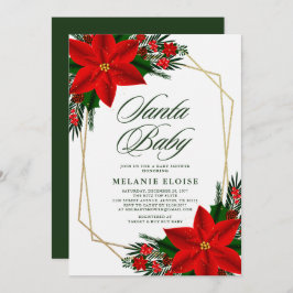 サンタ赤ちゃんシャワーポインセチア緑のクリスマス 招待状