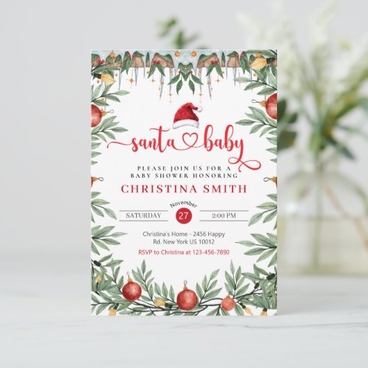 サンタ赤ちゃんシャワー水彩冬の赤ちゃんシャワー 招待状 (スタンド正面)