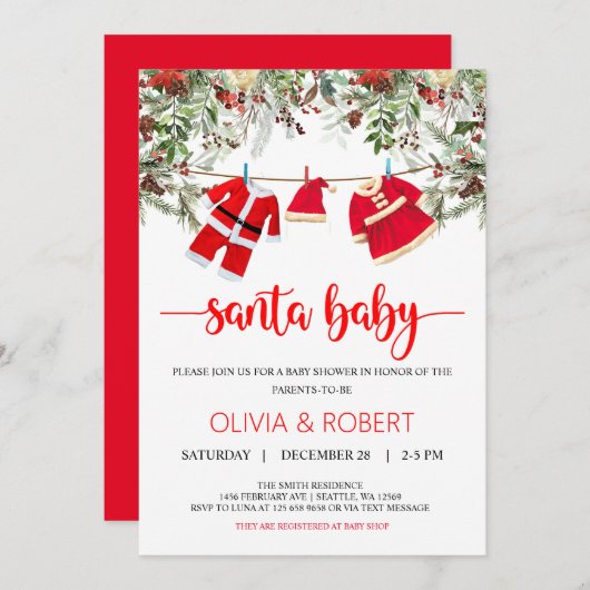 サンタ赤ちゃんシャワー、クリスマス赤ちゃんシャワー 招待状 (正面/裏面)