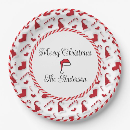 サンタ赤と白ハットとキャンディーキャン ペーパープレート (正面)
