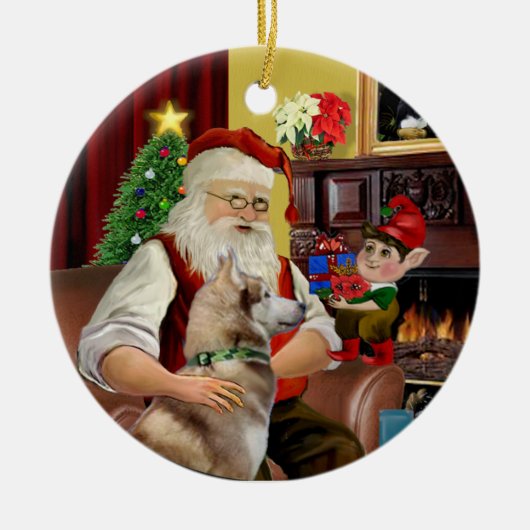 サンタ赤シベリアのハスキー セラミックオーナメント (正面)