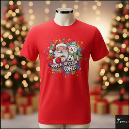 サンタ雪だるまコーヒー元気ペイントスプラッター Tシャツ