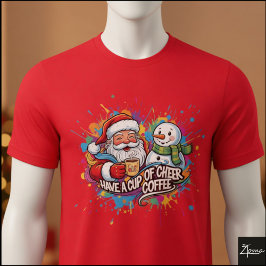 サンタ雪だるまコーヒー元気ペイントスプラッター Tシャツ