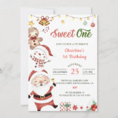 サンタ雪だるまスウィートワンクリスマスバースデーパーティー 招待状 (正面)