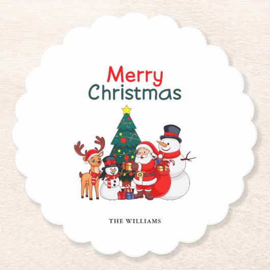 サンタ雪だるまトナカイフェスティバルメリークリスマス ペーパーコースター (正面)