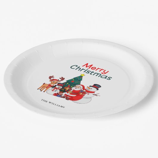 サンタ雪だるまトナカイフェスティバルメリークリスマス ペーパープレート (アングル)