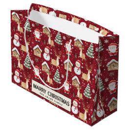 サンタ雪だるまパインツリーレッドカスタムクリスマスメリークリスマス ラージペーパーバッグ
