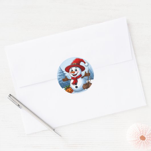 サンタ雪だるま帽をかぶった陽気なサンタ ラウンドシール (封筒)