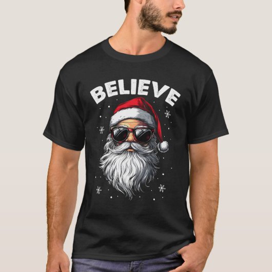 サンタ顔サングラス信じBのためのクリスマスクリスマス Tシャツ (正面)