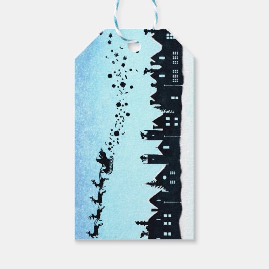 サンタ飛んでいるオーバーハウスクリスマスラベル ギフトタグ (正面)