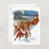 サンタ飛んでいるクロースとトナカイの誘導そり シーズンポストカード (正面/裏面)