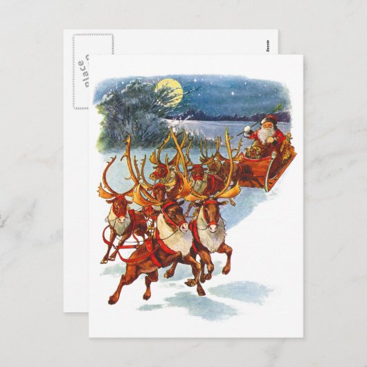 サンタ飛んでいるクロースとトナカイの誘導そり シーズンポストカード (正面/裏面)