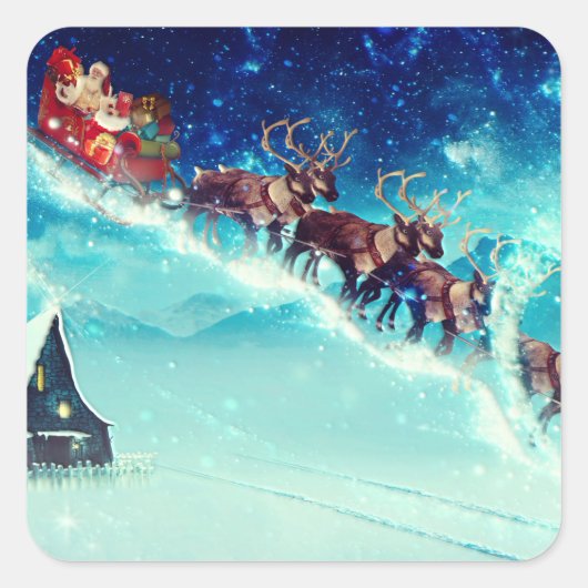 サンタ飛んでいるクロースとトナカイ スクエアシール (正面)