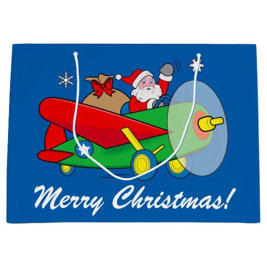 サンタ飛んでいるクロースと贈り物でいっぱいの飛行機 ラージペーパーバッグ (正面)