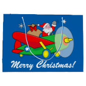 サンタ飛んでいるクロースと贈り物でいっぱいの飛行機 ラージペーパーバッグ (裏面)